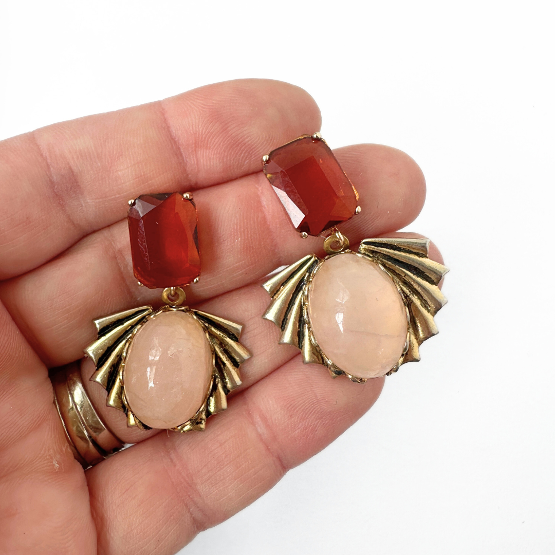 Refashioned vintage rose quartz fan earrings