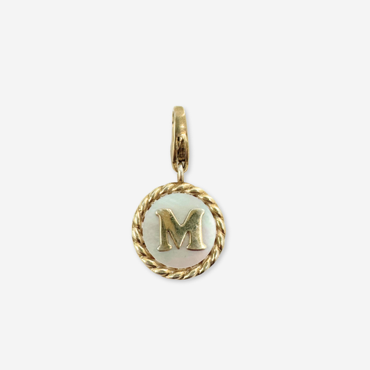 Small vintage mother of pearl and brass "M" circle monogram charm