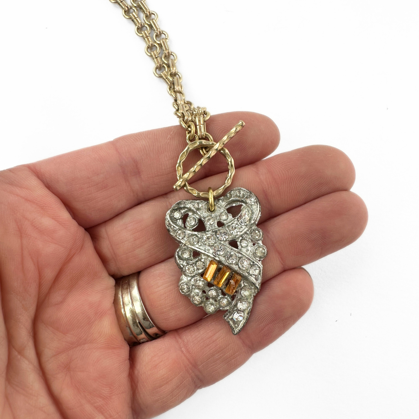 Vintage art deco rhinestone topaz rhinestone pendant with brass chain and toggle clasp