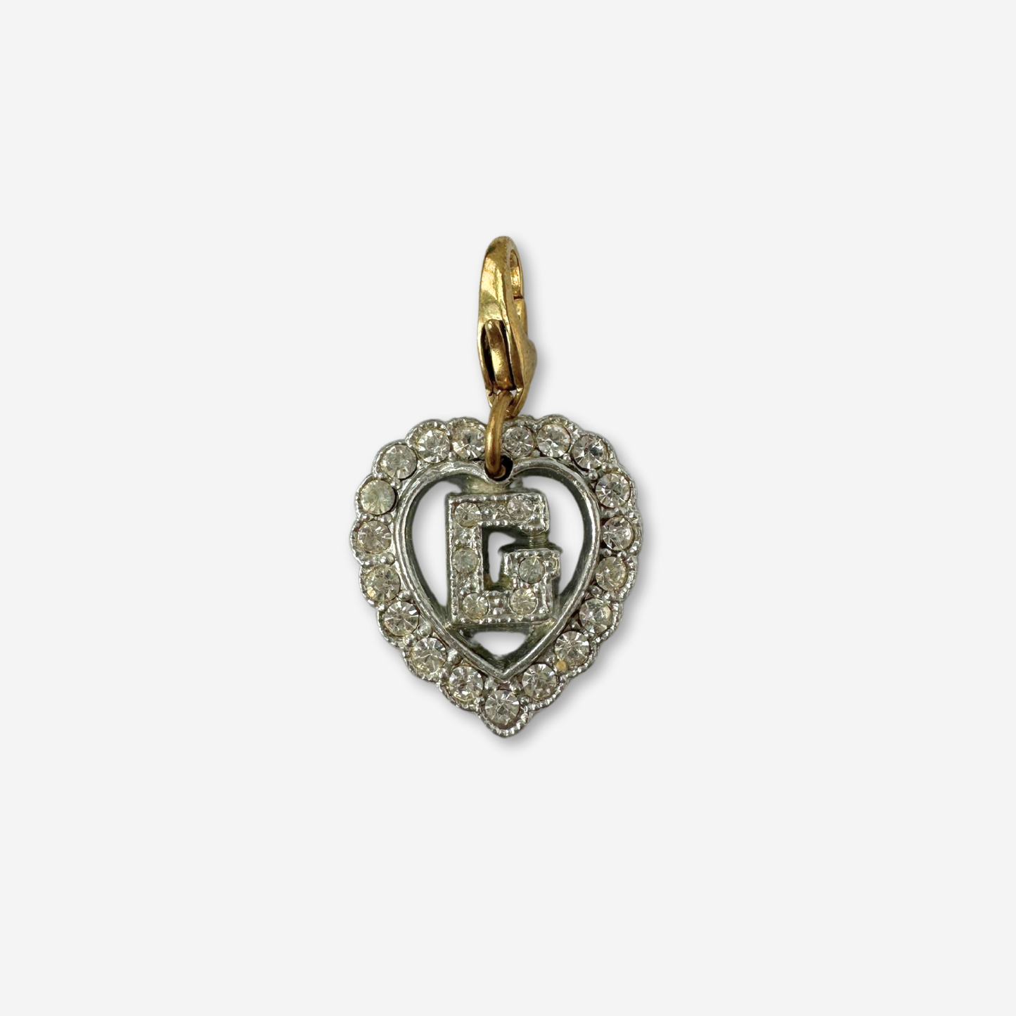 Vintage silver and clear rhinestone letter "G" heart charm