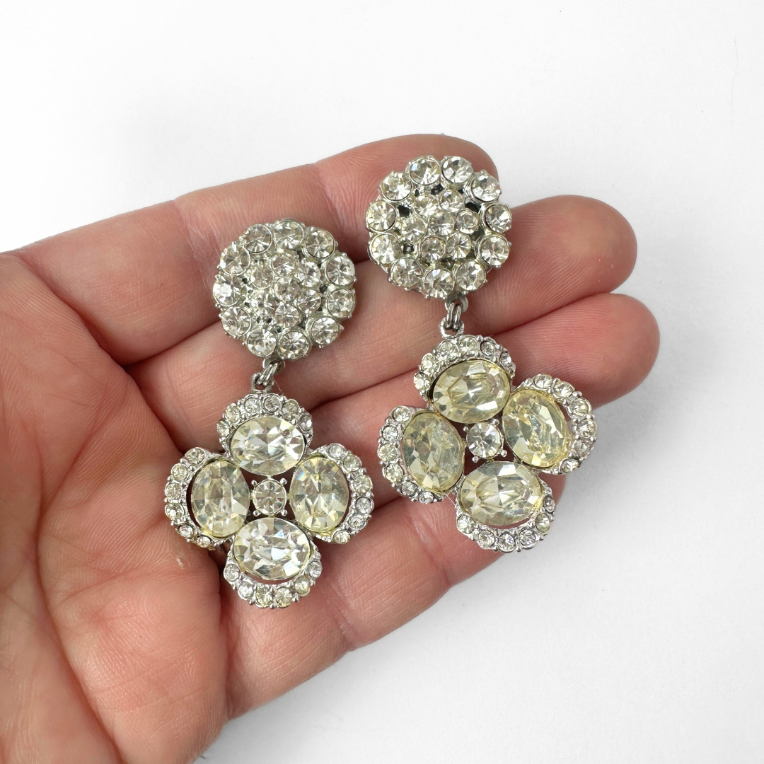 Large refashioned vintage clear rhinestone and silver statement earrings