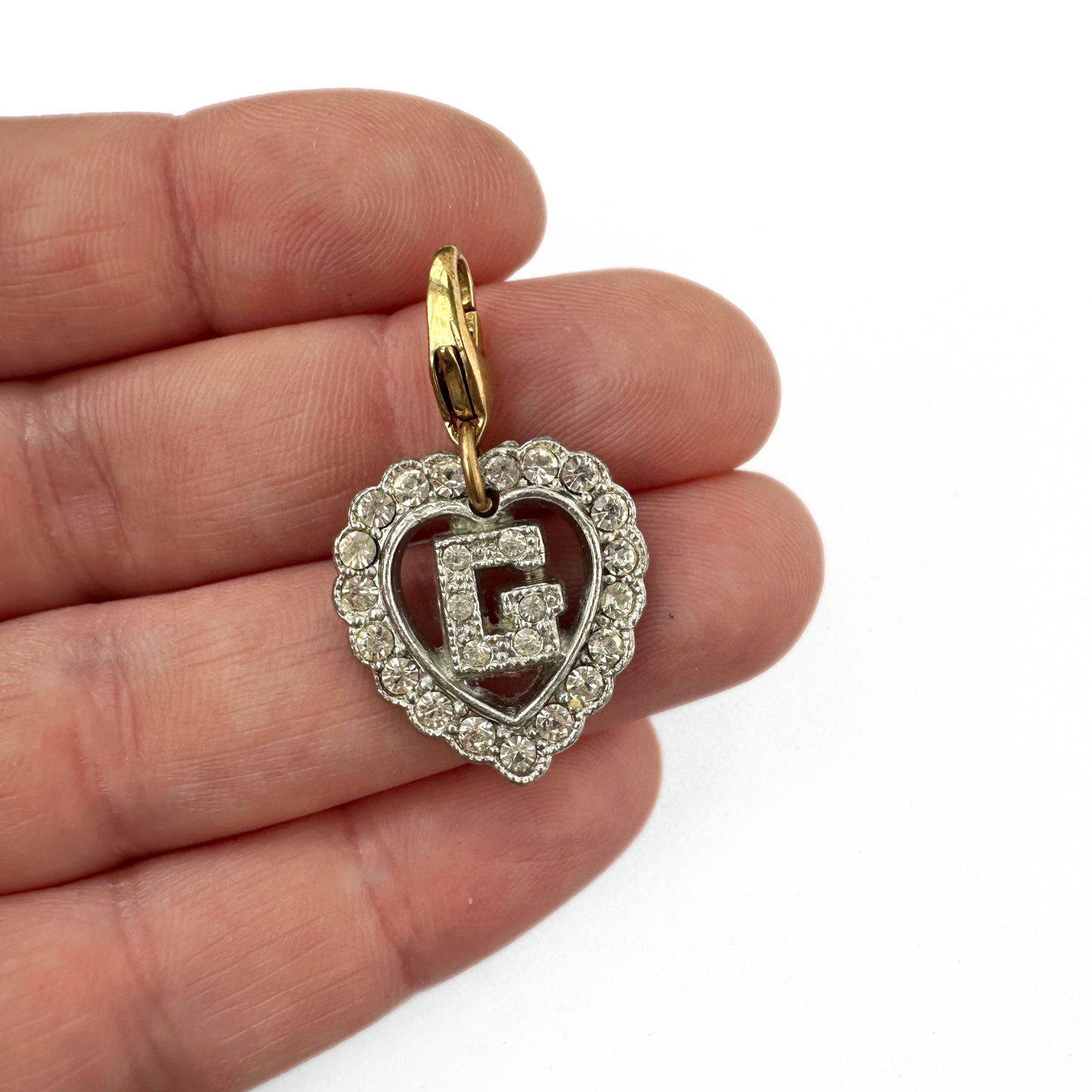 Vintage silver and clear rhinestone letter "G" heart charm