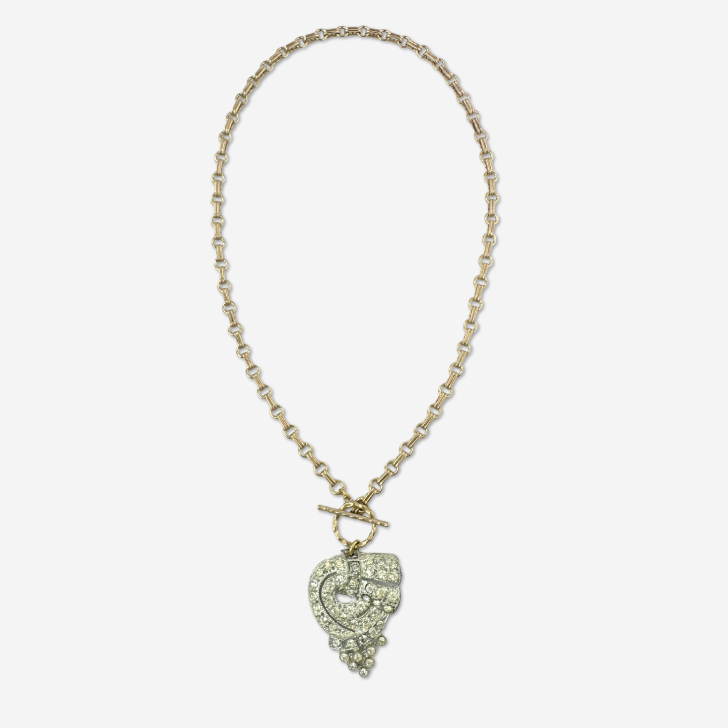 Vintage art deco rhinestone pendant with brass chain and toggle clasp