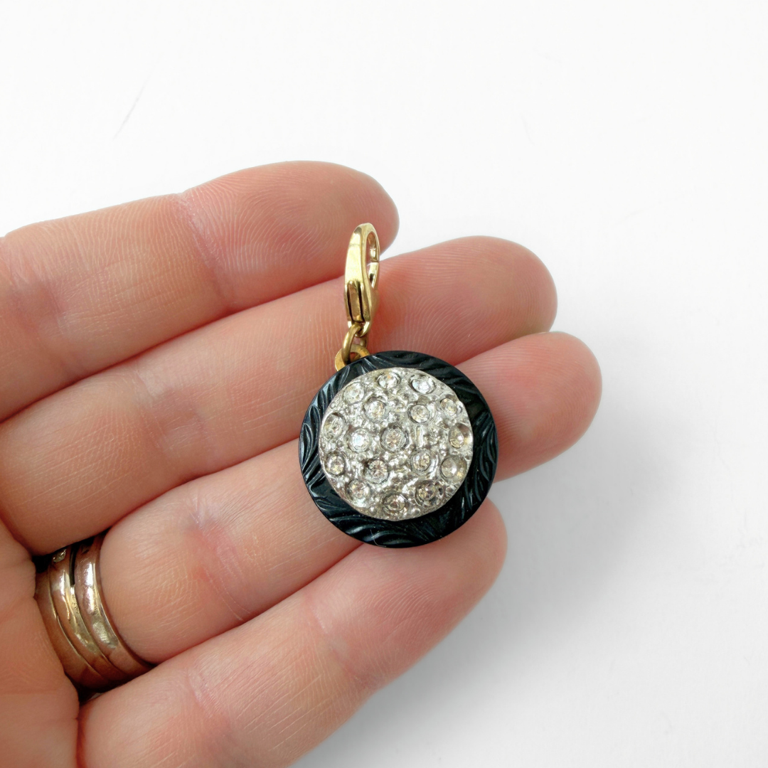 Vintage clear rhinestone and black layered button charm