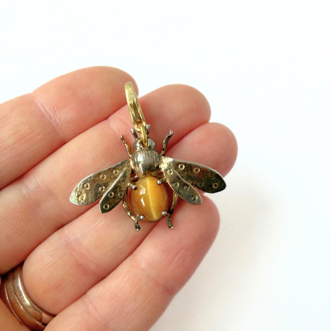 Large refashioned vintage bee charm with tigers eye center