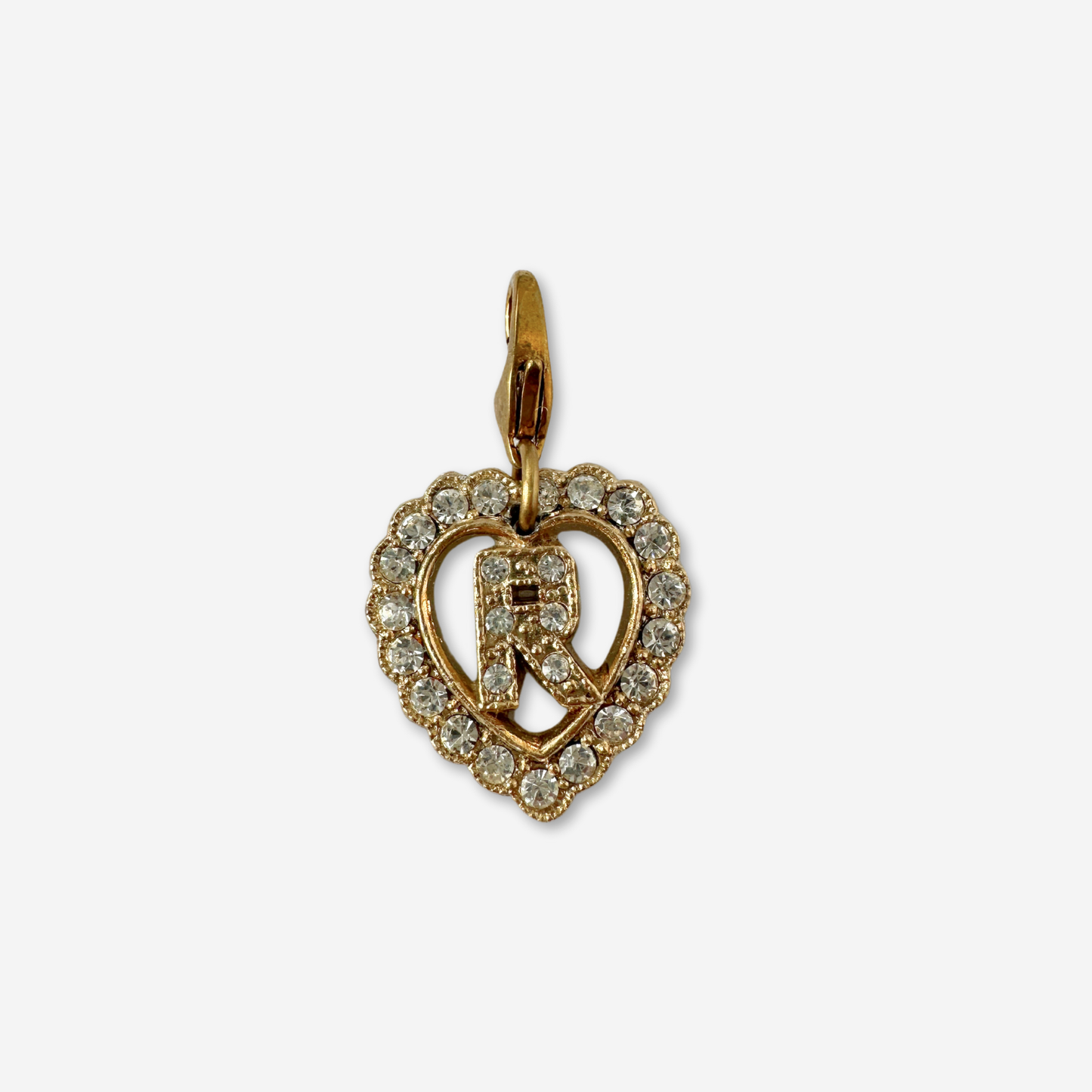 Small vintage gold and clear rhinestone letter "R" heart charm