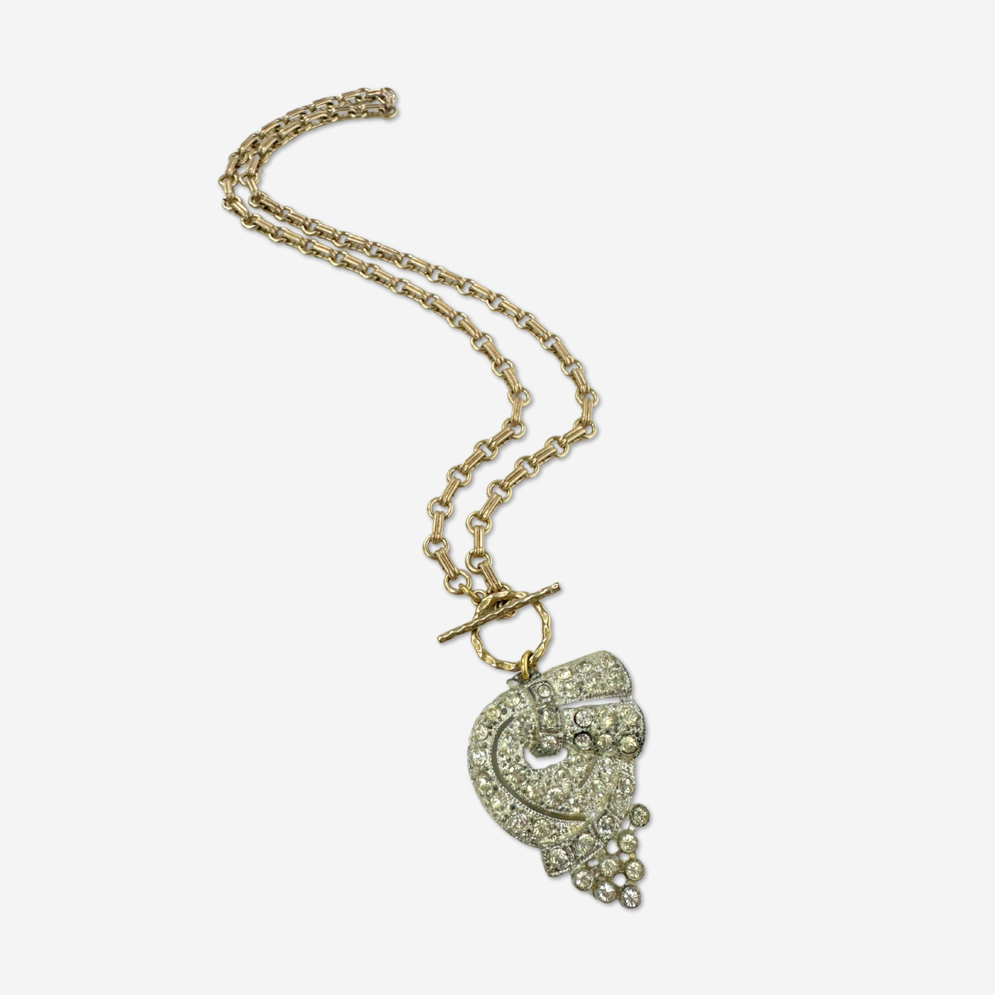 Vintage art deco rhinestone pendant with brass chain and toggle clasp