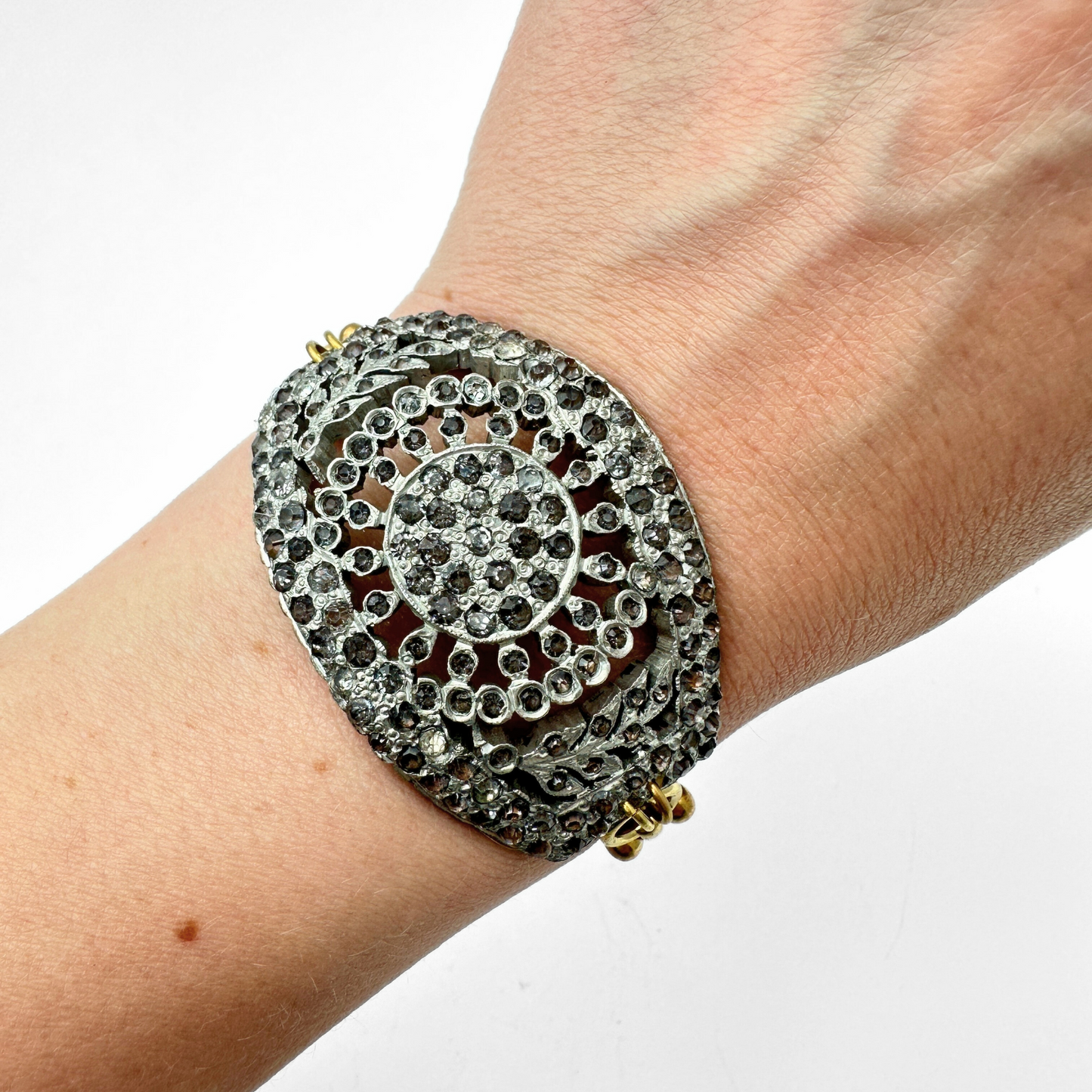 Refashioned Antique oblong Rhinestone shoe Buckle bracelet with brass chain