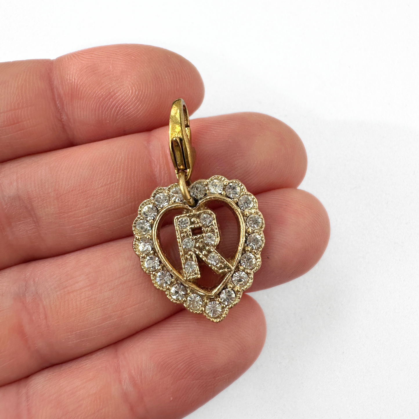 Small vintage gold and clear rhinestone letter "R" heart charm