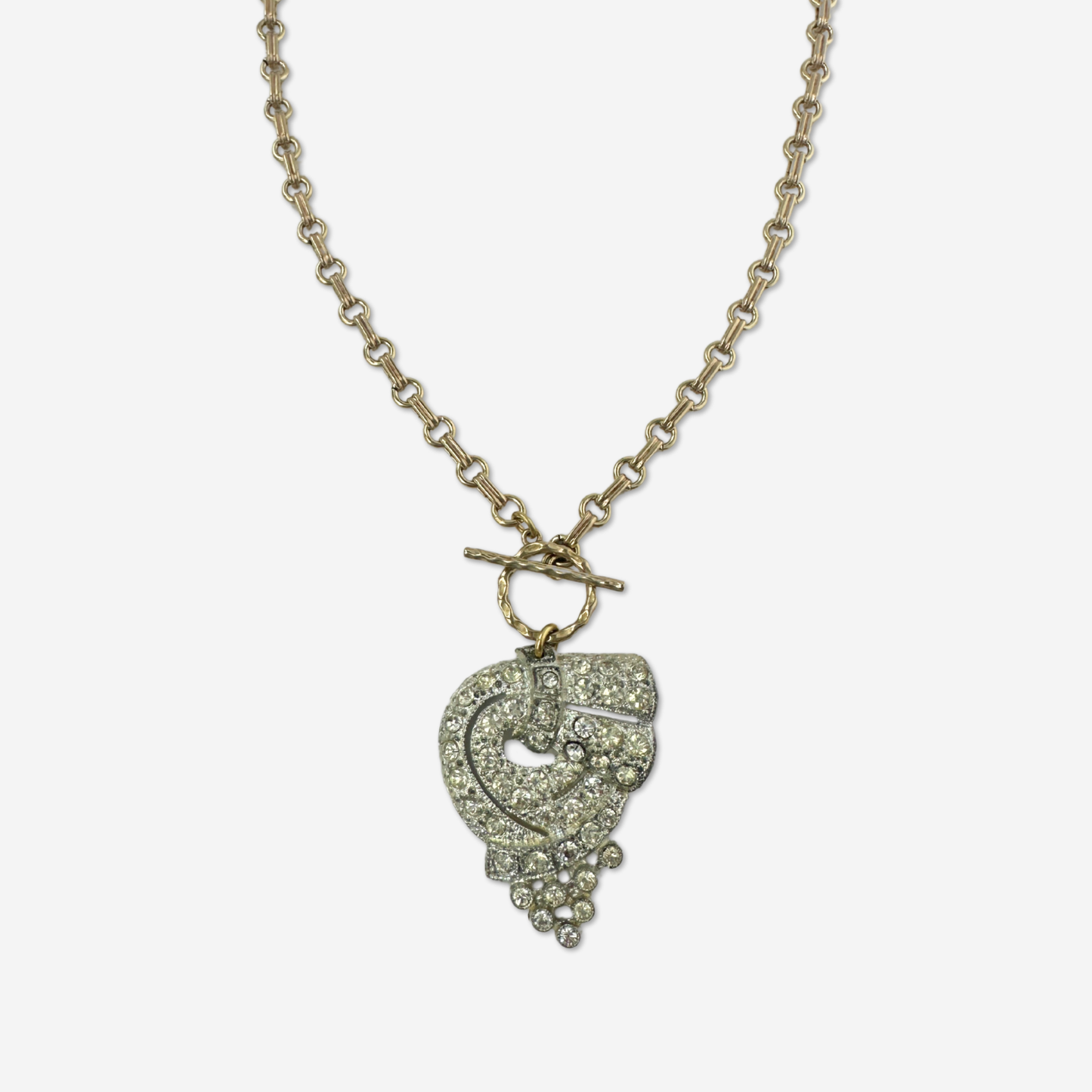 Vintage art deco rhinestone pendant with brass chain and toggle clasp