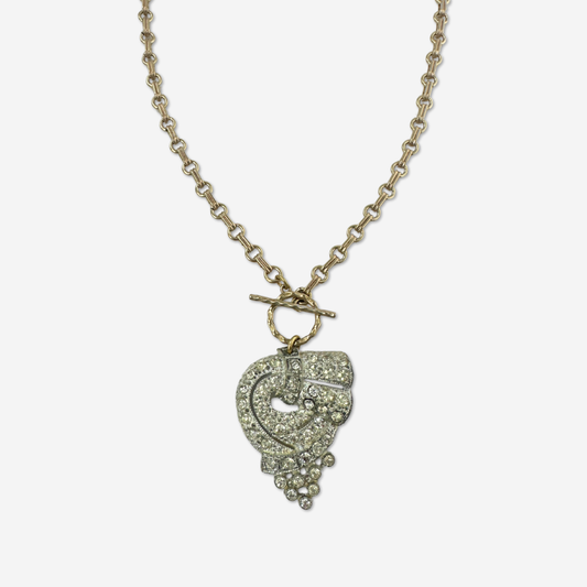 Vintage art deco rhinestone pendant with brass chain and toggle clasp