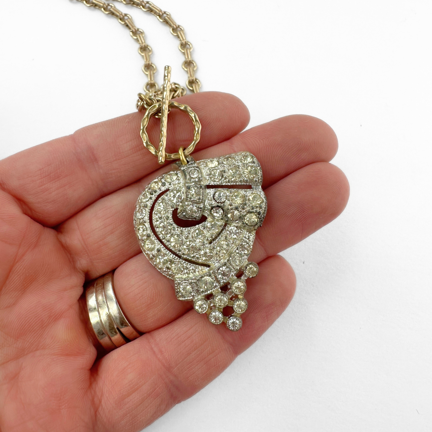 Vintage art deco rhinestone pendant with brass chain and toggle clasp