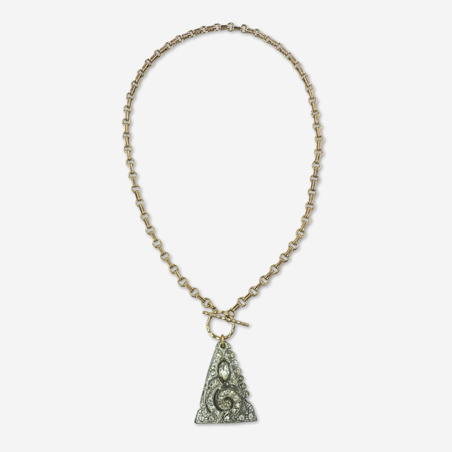 Vintage art deco rhinestone triangle pendant with brass chain and toggle clasp