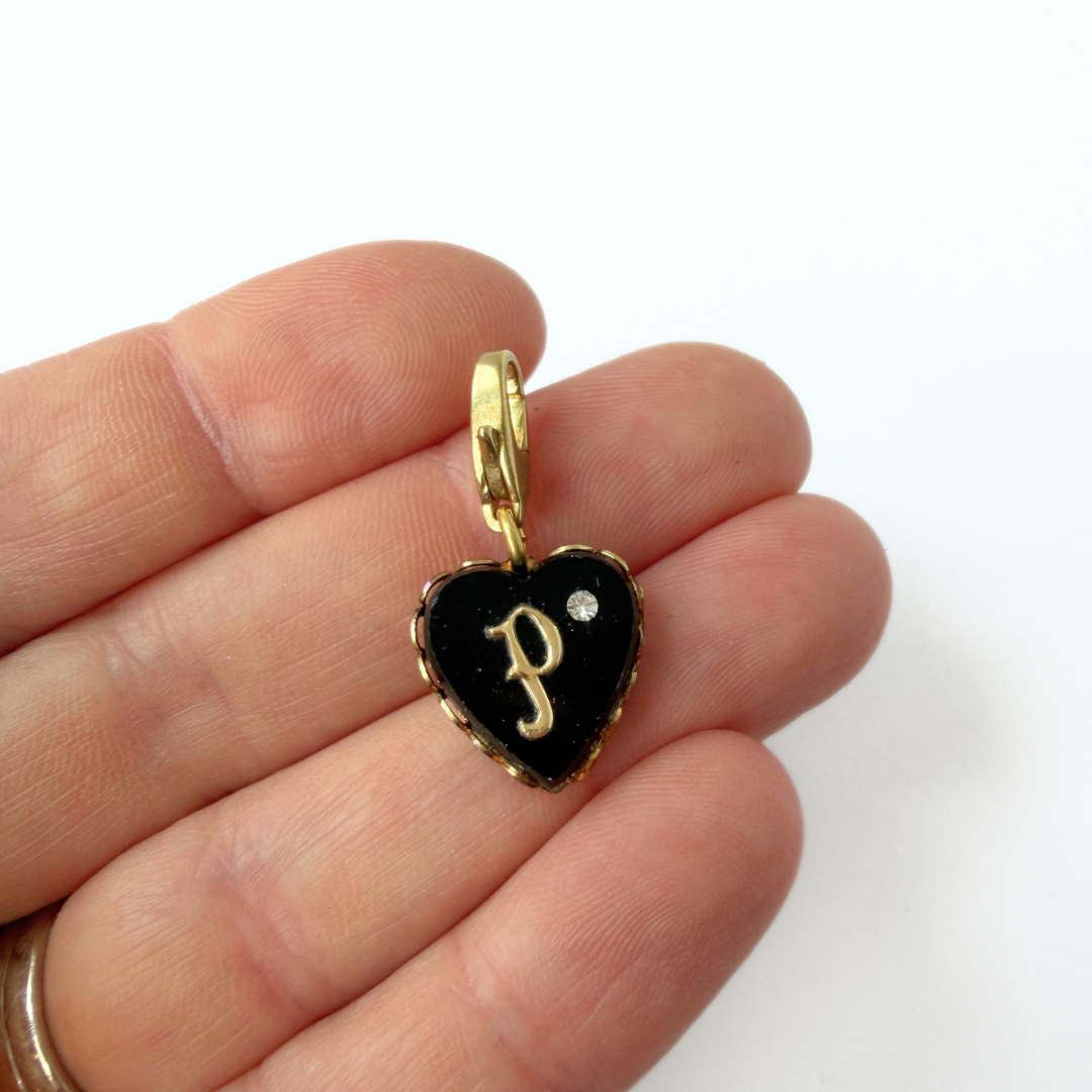 Small refashioned vintage black letter "P" heart charm