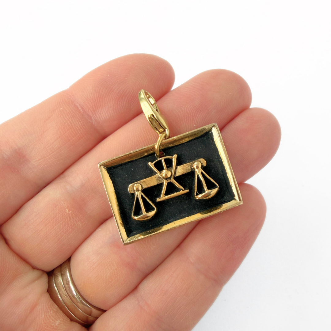 Vintage gold and black enamel Libra scales rectangular charm