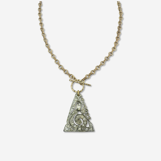 Vintage art deco rhinestone triangle pendant with brass chain and toggle clasp