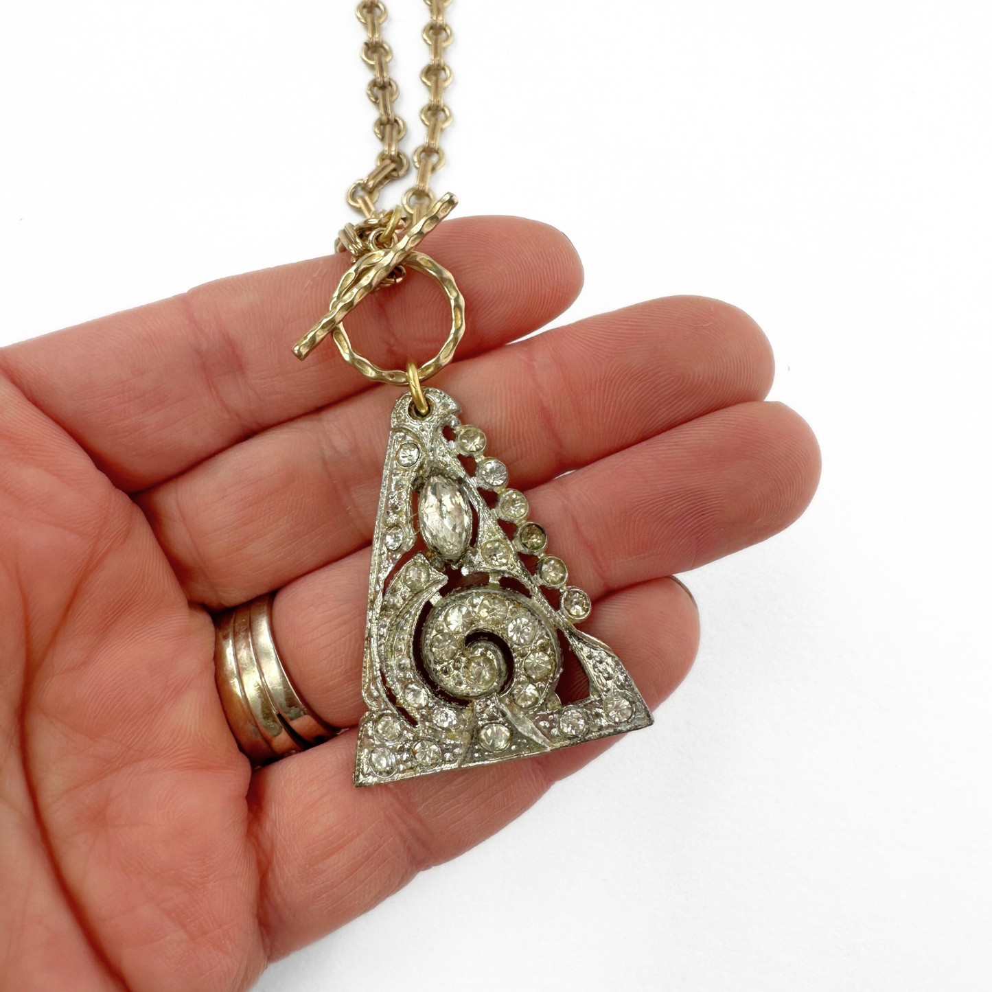 Vintage art deco rhinestone triangle pendant with brass chain and toggle clasp