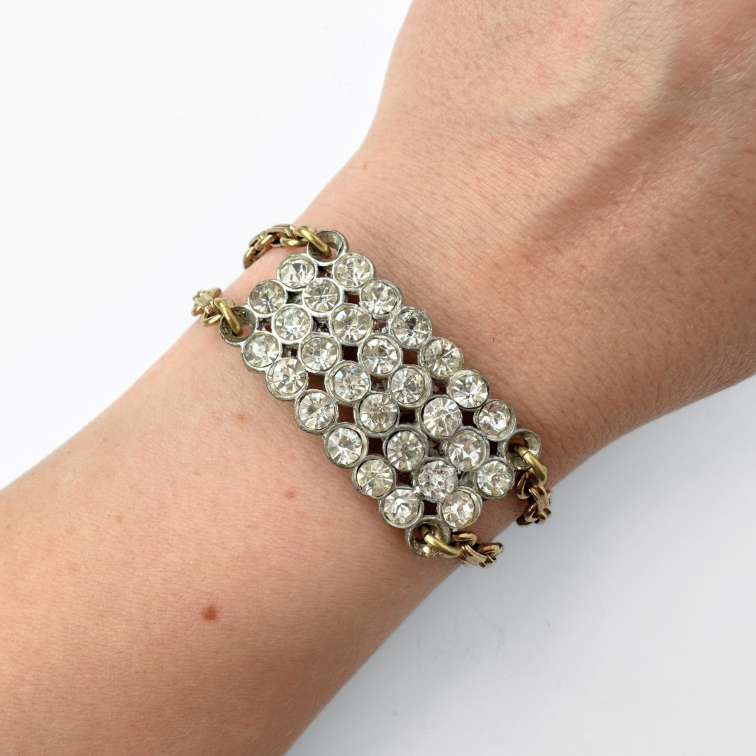Repurposed vintage clear rhinestone panel bracelet