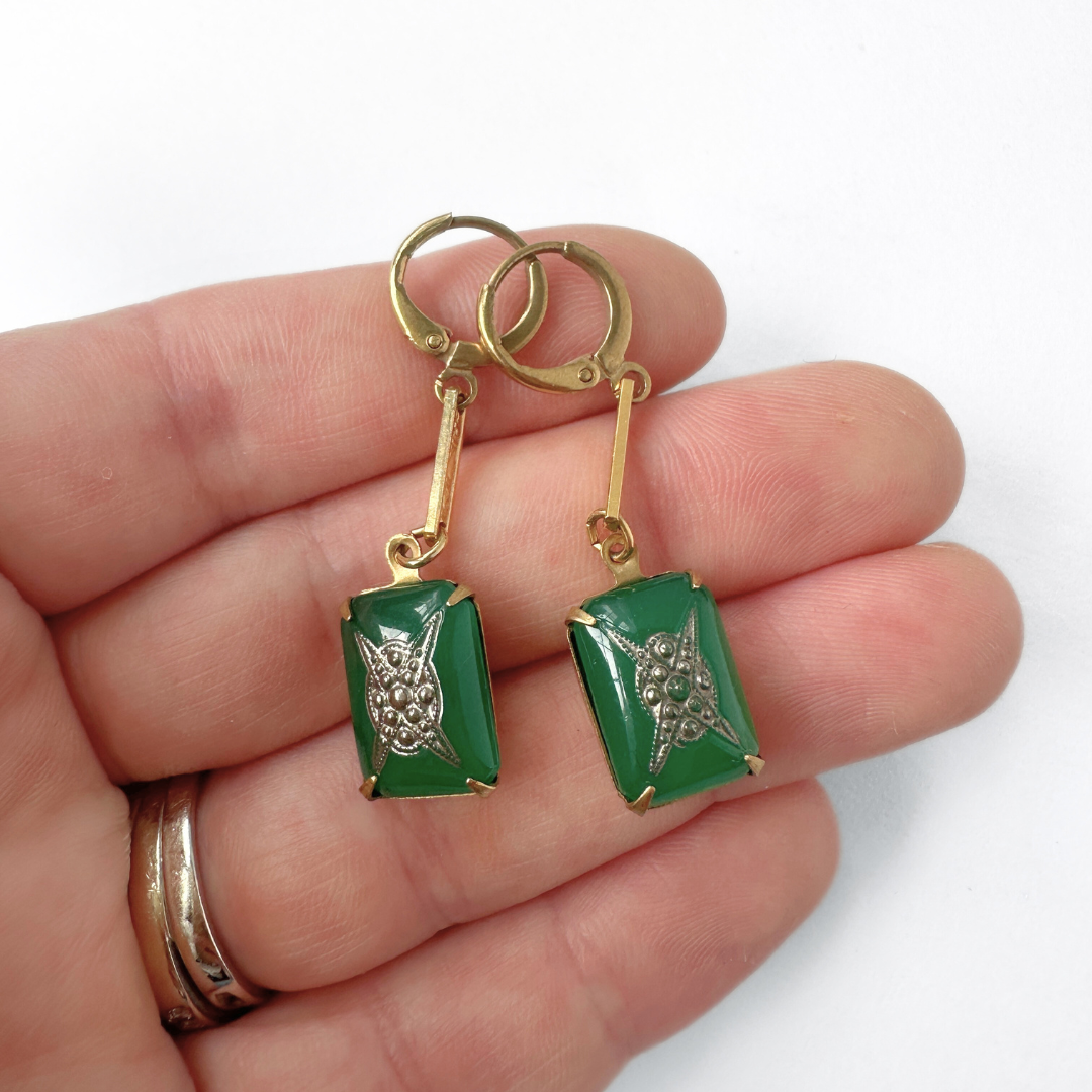 Refashioned vintage green and silver deco drop earrings