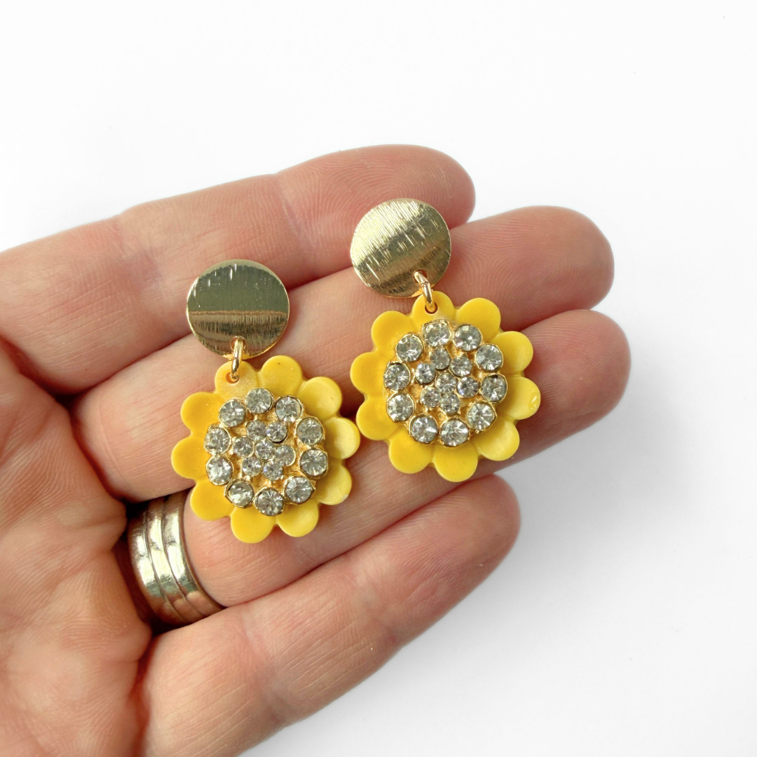 Refashioned vintage layered yellow flower and rhinestone button earrings