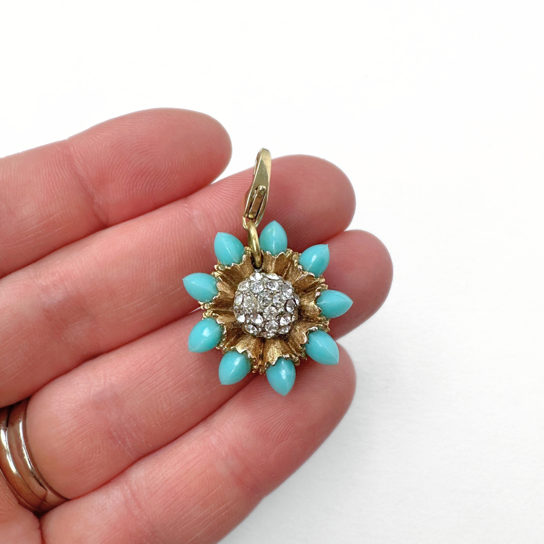 Vintage turquoise, gold, and clear rhinestone flower charm