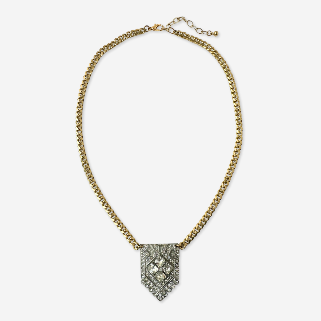 Refashioned art deco rhinestone pendant necklace on brass chain
