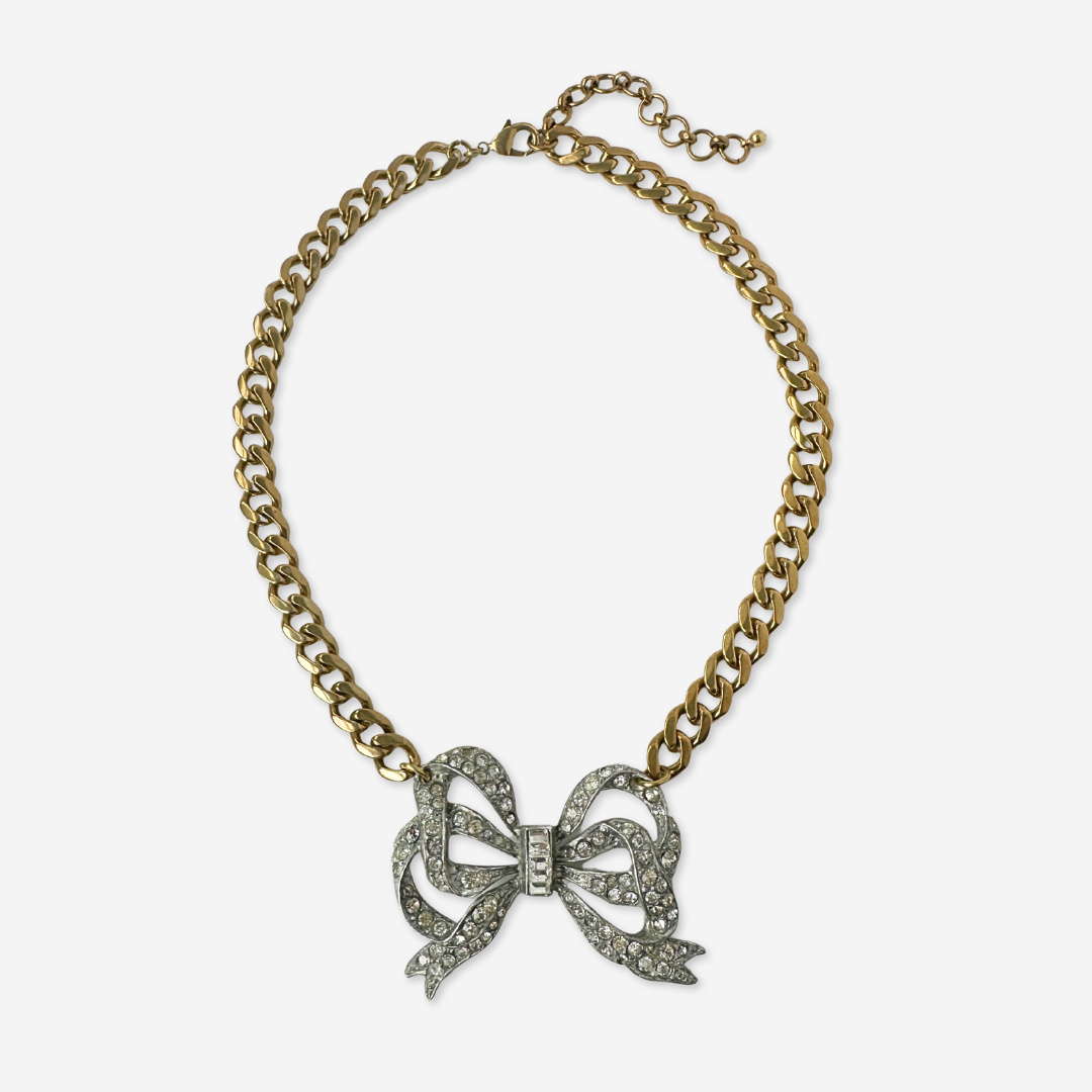 Refashioned vintage large rhinestone bow necklace with brass curb chain
