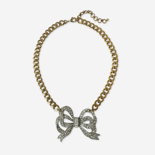 Refashioned vintage large rhinestone bow necklace with brass curb chain