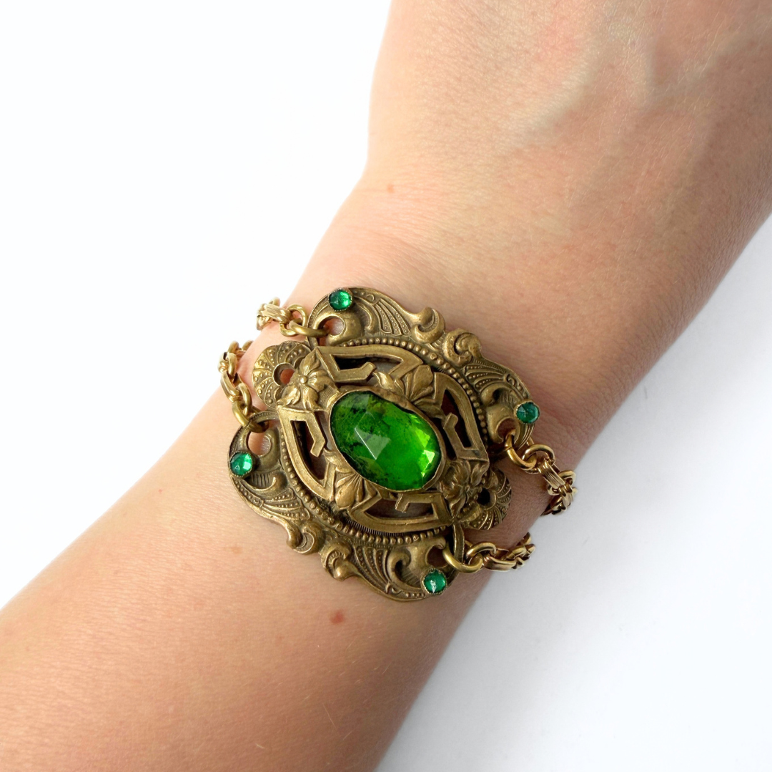 Repurposed Vintage aged brass filigree bracelet with green stones