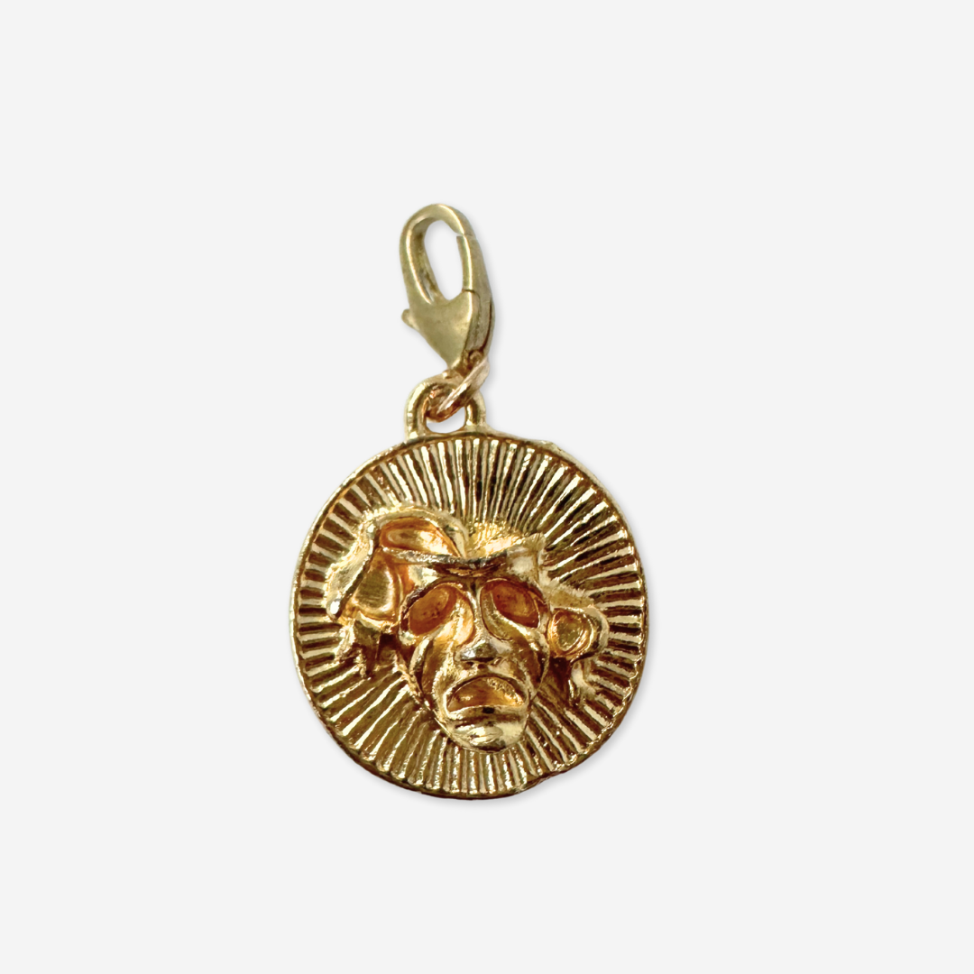Vintage gold circular comedy and tragedy mask charm pendant