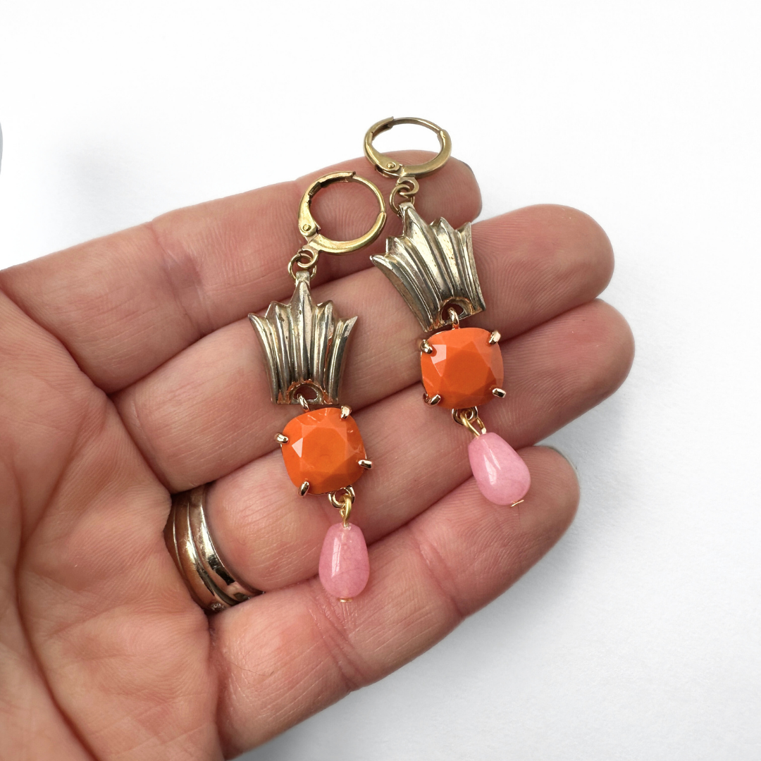 Orange and pink refashioned vintage fan drop earrings