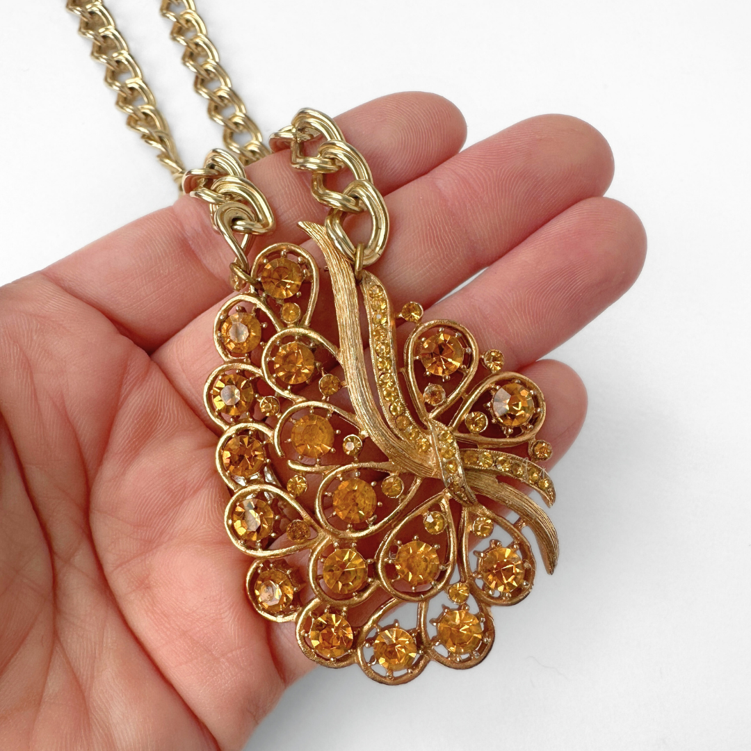 Refashioned Vintage large orange topaz rhinestone pendant necklace
