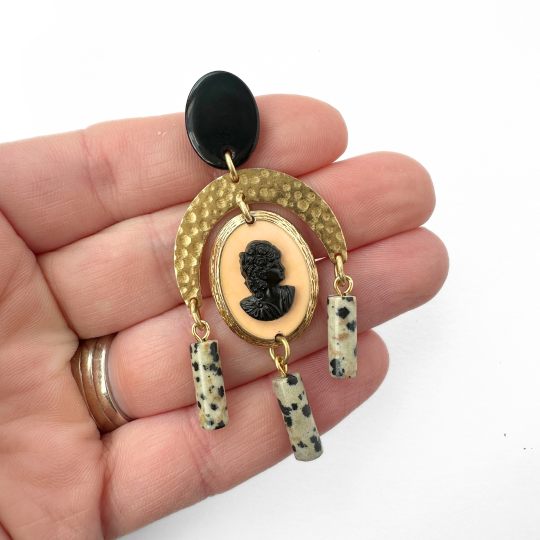Peach and black refashioned vintage cameo statement earrings