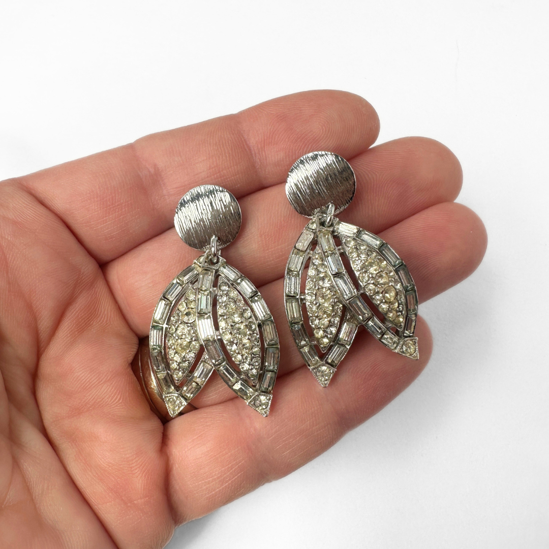 Refashioned vintage large silver and clear rhinestone leaf earrings