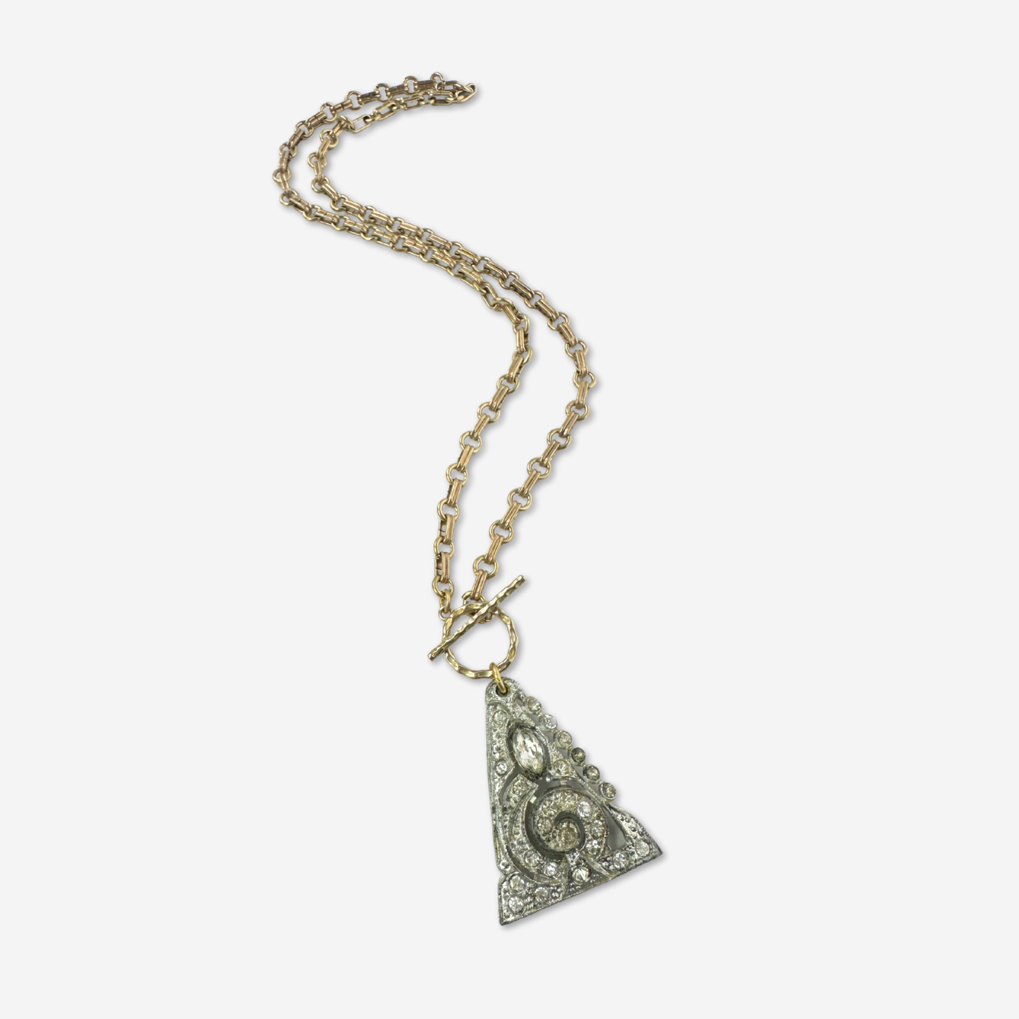 Vintage art deco rhinestone triangle pendant with brass chain and toggle clasp
