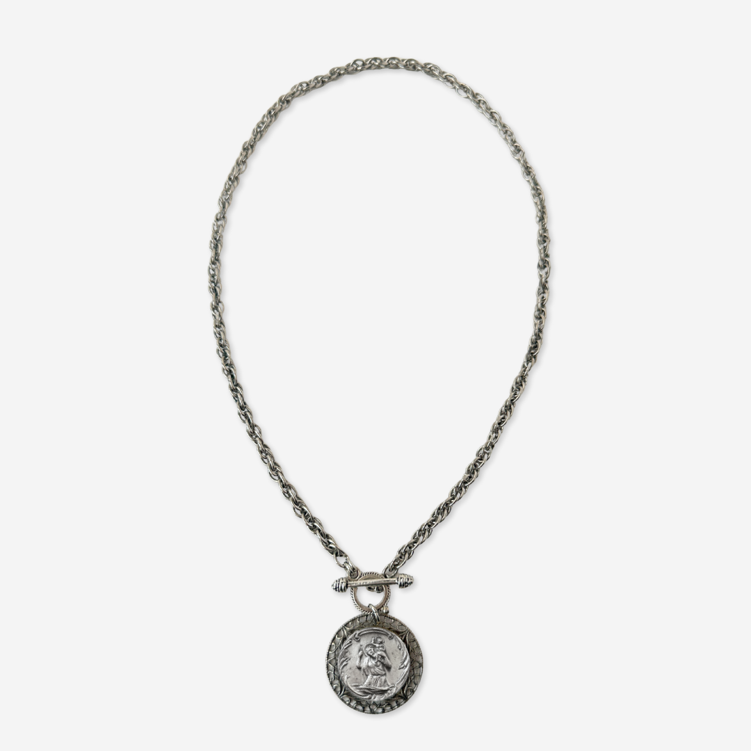 Repurposed vintage silver St. Christopher religious medallion necklace