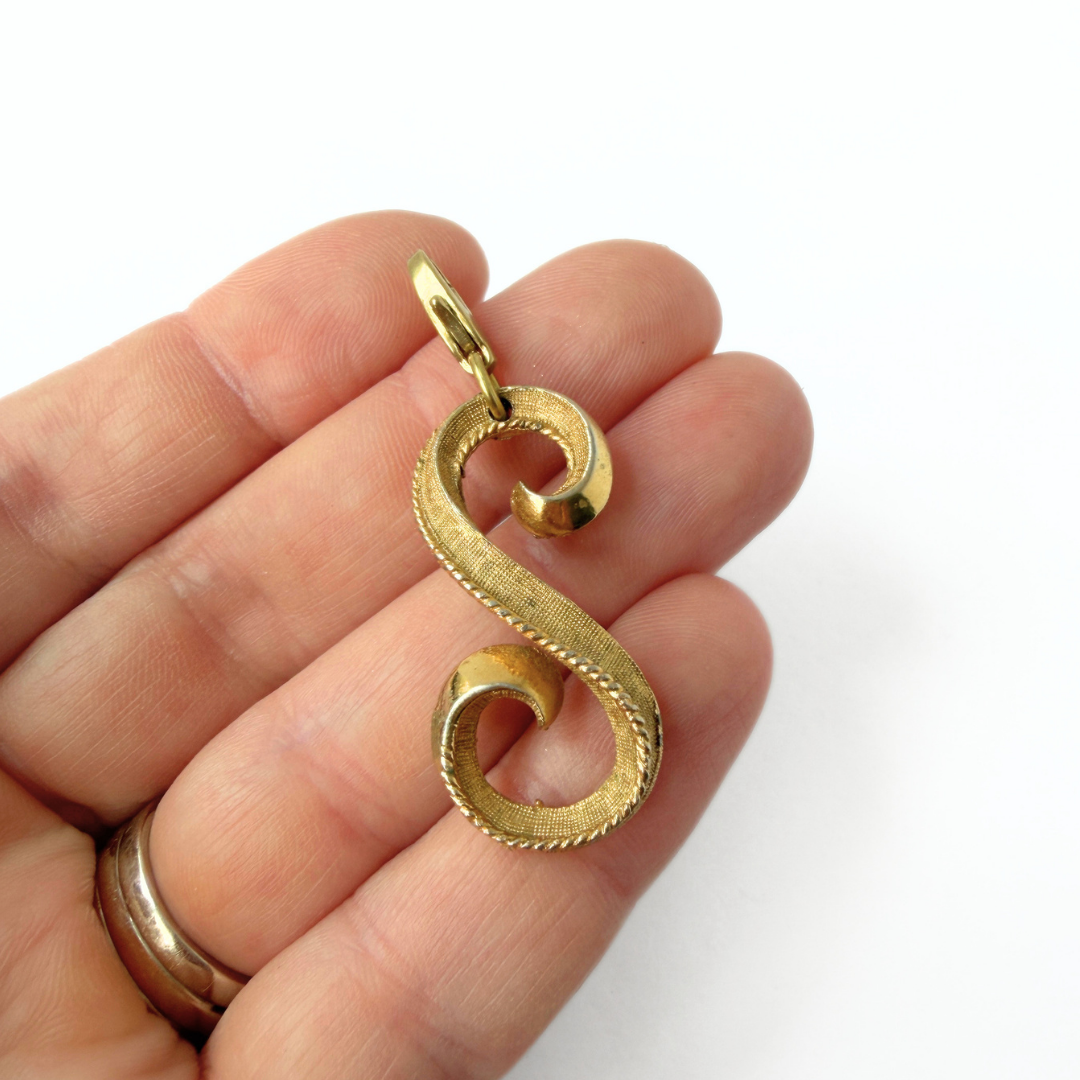 Large repurposed vintage gold tone "S" monogram charm