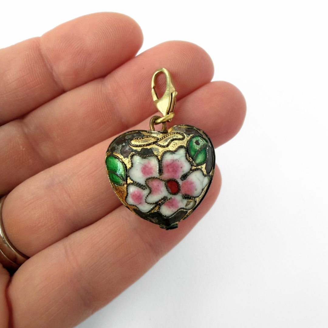 Vintage floral cloisonné enamel puffy heart charm
