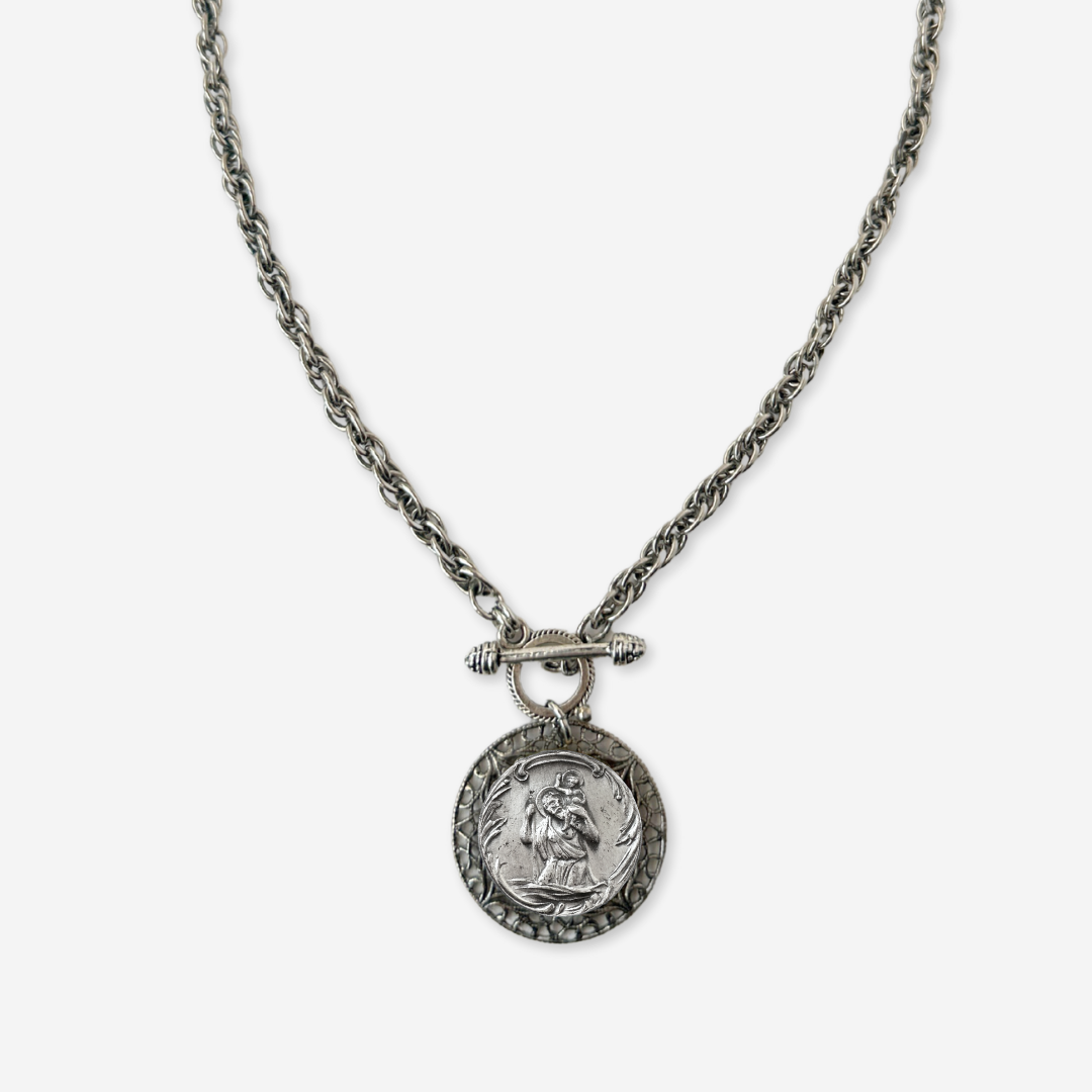 Repurposed vintage silver St. Christopher religious medallion necklace