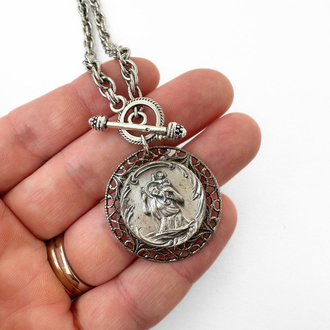 Repurposed vintage silver St. Christopher religious medallion necklace