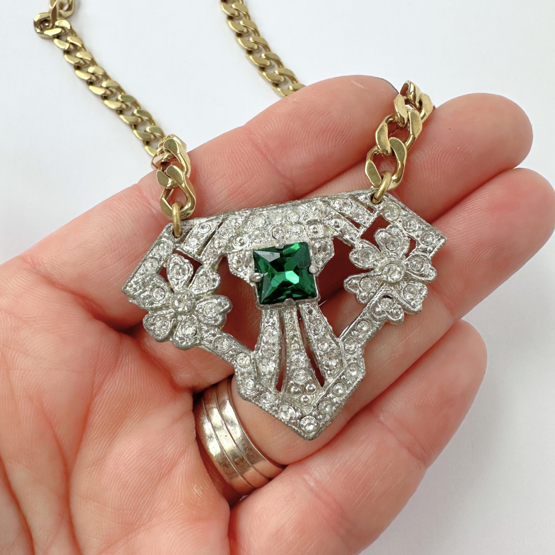 Refashioned vintage clear and green rhinestone art deco pendant necklace