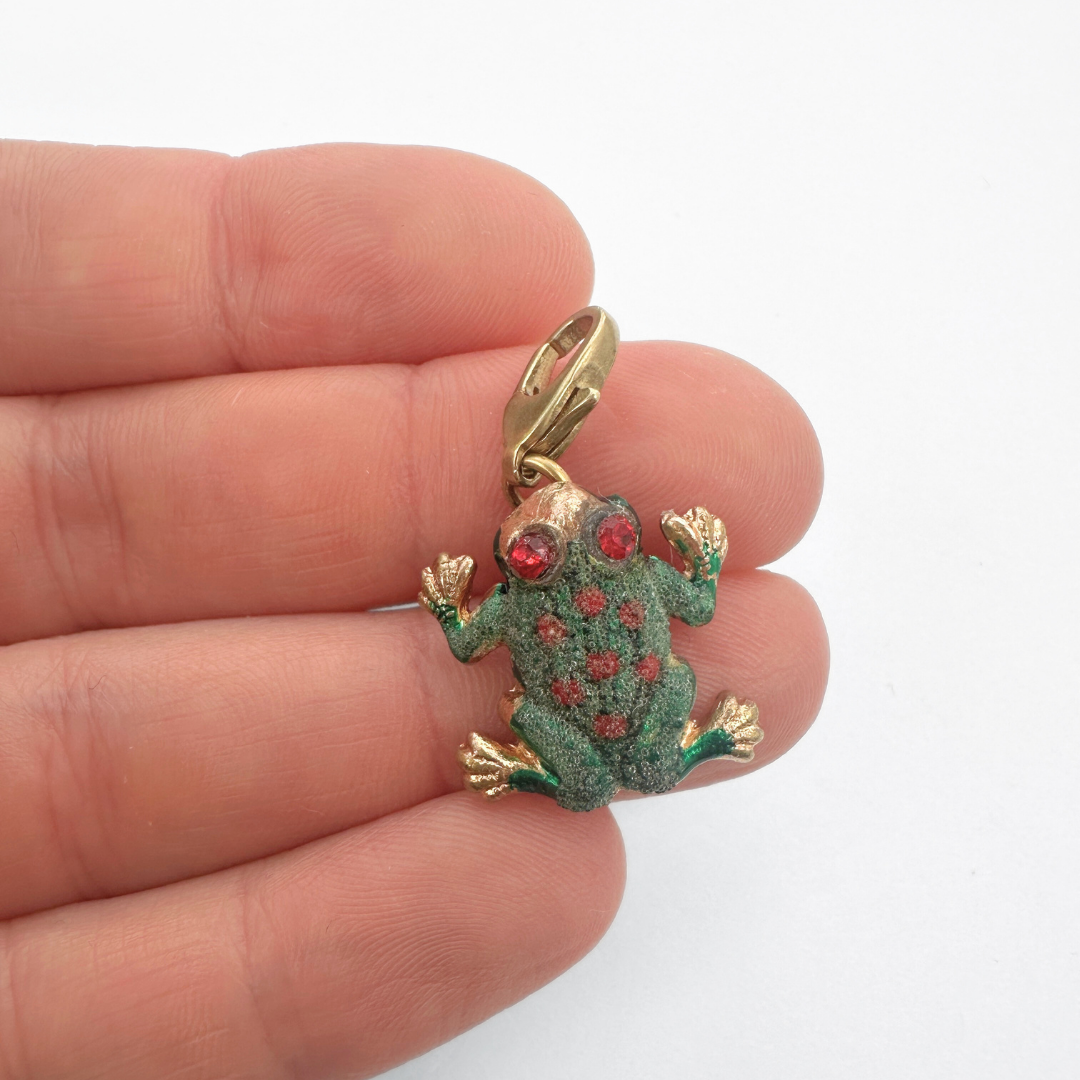 Vintage green and red painted brass frog charm