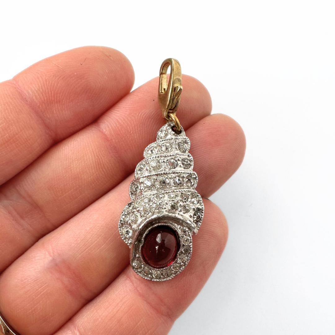 Vintage red and clear rhinestone shell charm pendant