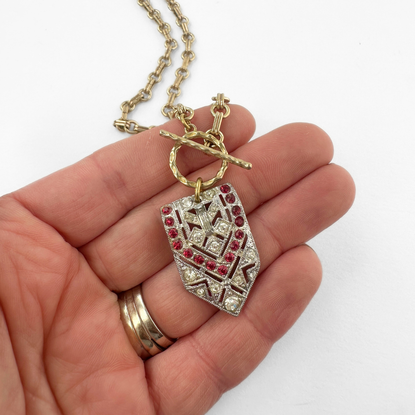 Vintage art deco rhinestone red rhinestone pendant with brass chain and toggle clasp
