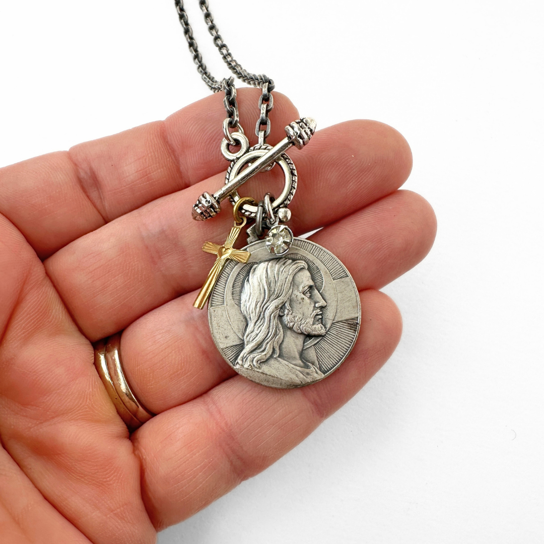 Repurposed vintage pewter Jesus Christ religious medallion necklace
