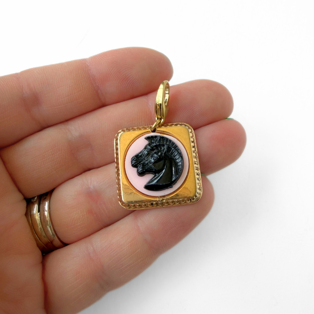 Vintage pink and black square horse charm