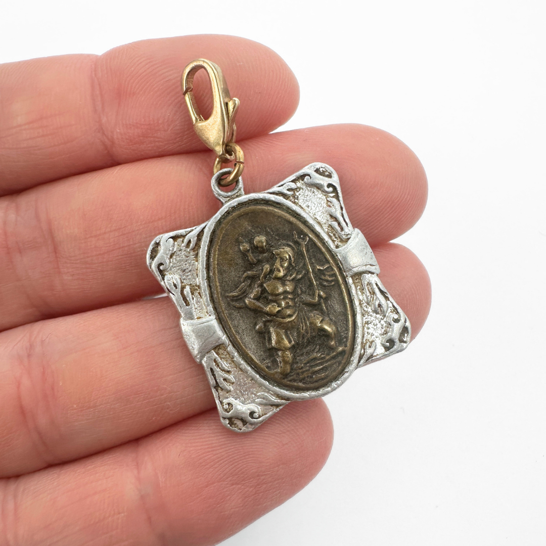 Vintage antique brass and aluminum unique St. Christopher charm
