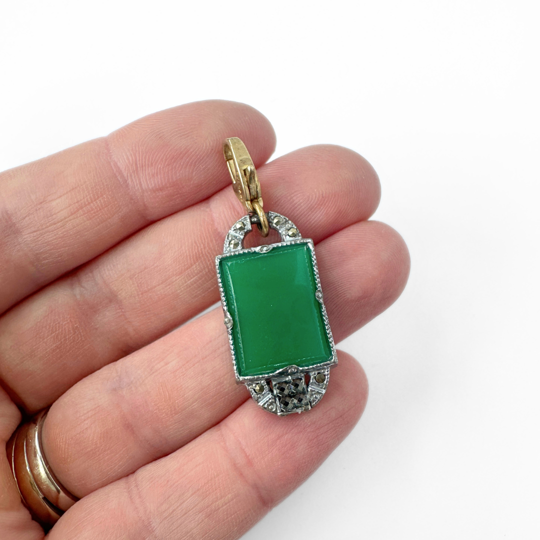 Vintage green rectangular art deco charm pendant