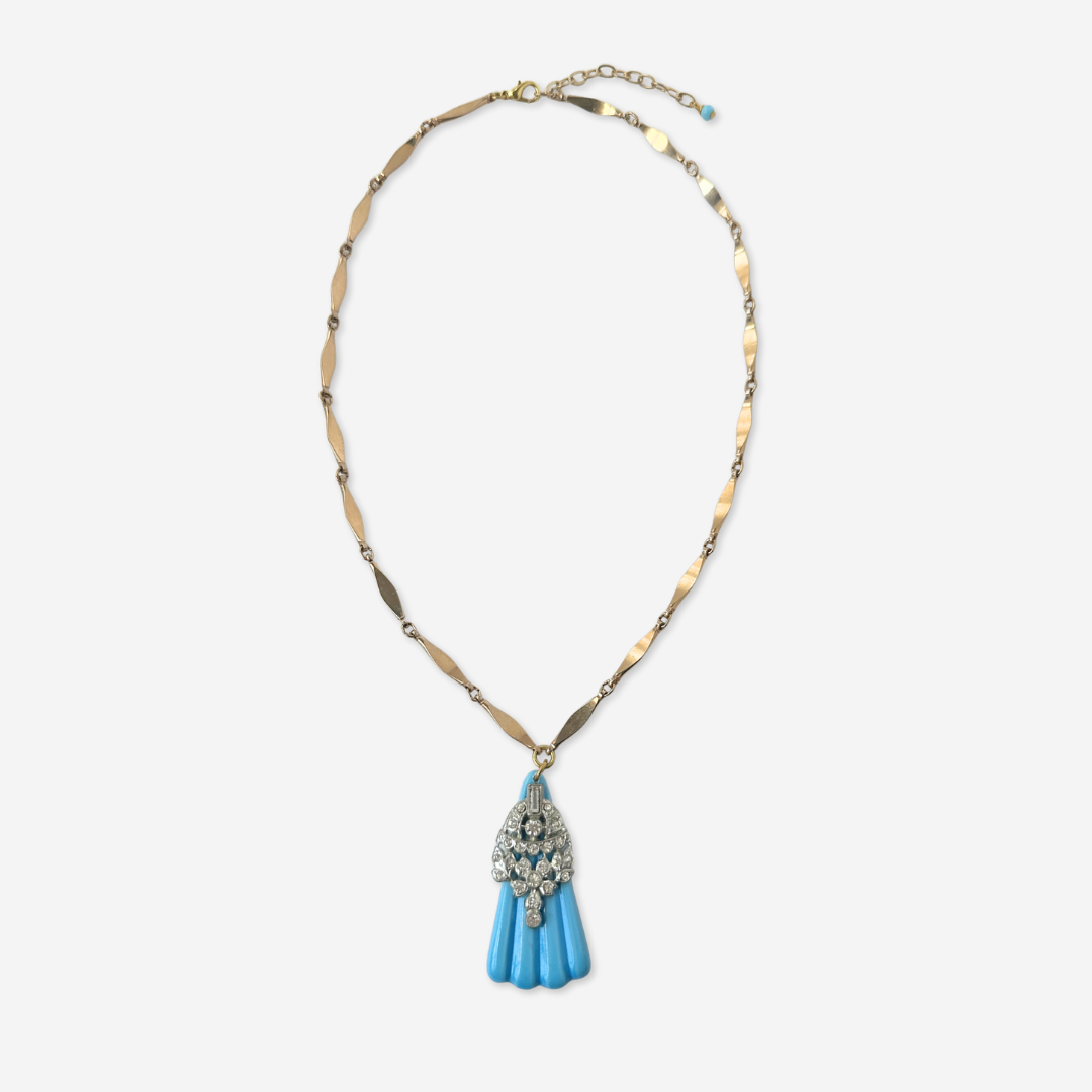 Refashioned vintage turquoise and clear rhinestone pendant with gold bar chain