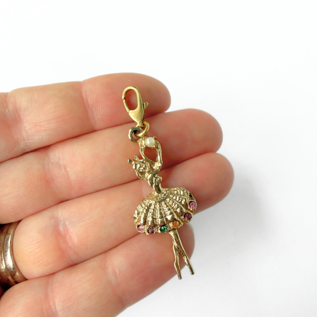 Vintage muted gold ballerina charm with multicolor rhinestones